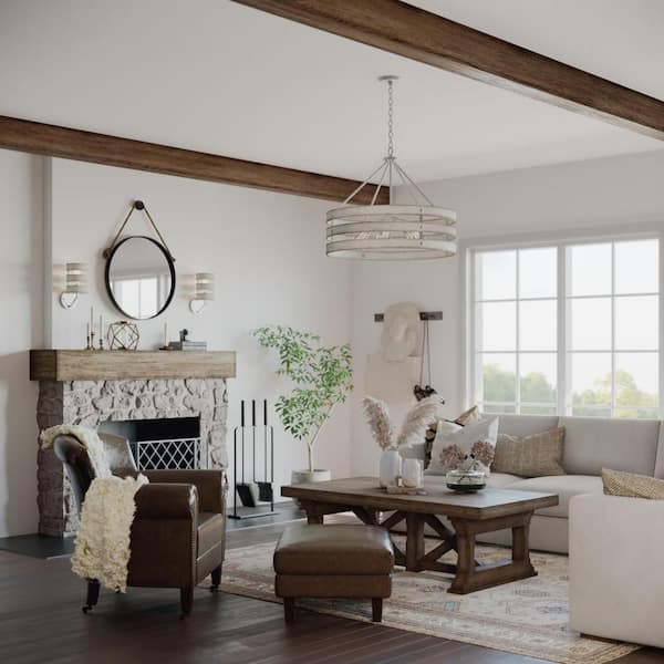 Gulliver 27-3/4 in. 5-Light Galvanized Drum Pendant with Weathered White Wood Accents