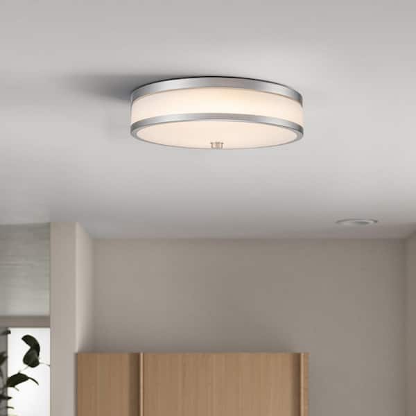 15 in. Watt Equivalence 200-Watt Modern Satin Nickel Dimmable Integrated LED Flush Mount Light with White Acrylic Shade