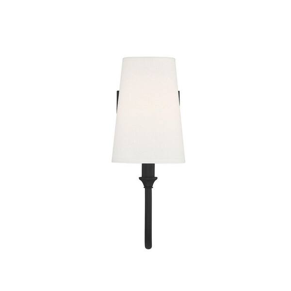 Cameron 5 in. W x 13 in. H 1-Light Matte Black Transitional Wall Sconce with White Fabric Shade