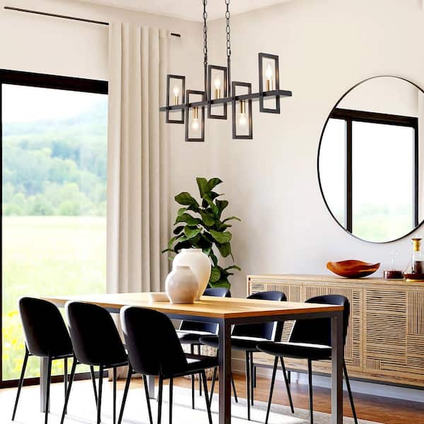 Modern Rectangle Dining Table Chandelier Transitional 5-Light Black and Brass Kitchen Island Candlestick Chandelier