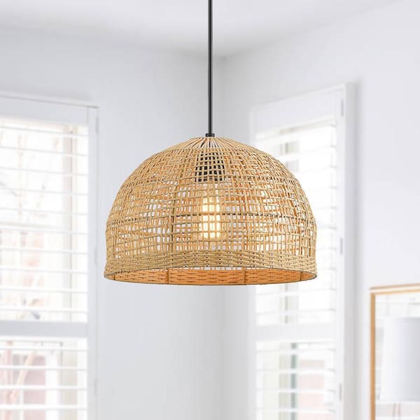 Bungalo 13.8 in. 1-Light Black/Wheat Bohemian Island Pendant with Natural Rattan Shade
