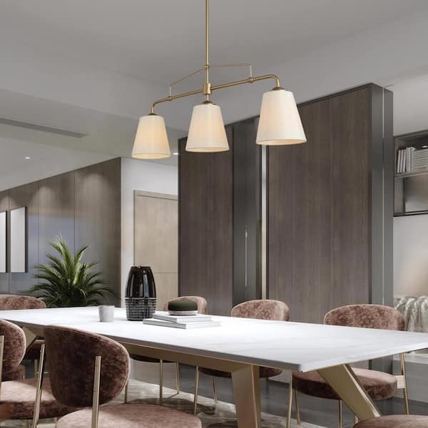 Farmhouse Gold Dining Room Chandelier, 32 in. 3-Light Modern Linear Island Chandelier with Fabric Shades