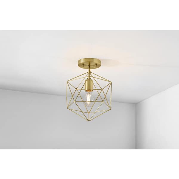 Winfield 9.5 in. 1-Light Gold Semi-Flush Mount Ceiling Light Fixture with Geometric Cage
