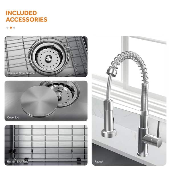 All-in-One Zero Radius Farmhouse/Apron-Front 16G Stainless Steel 33 in. Single Bowl Kitchen Sink with Spring Neck Faucet