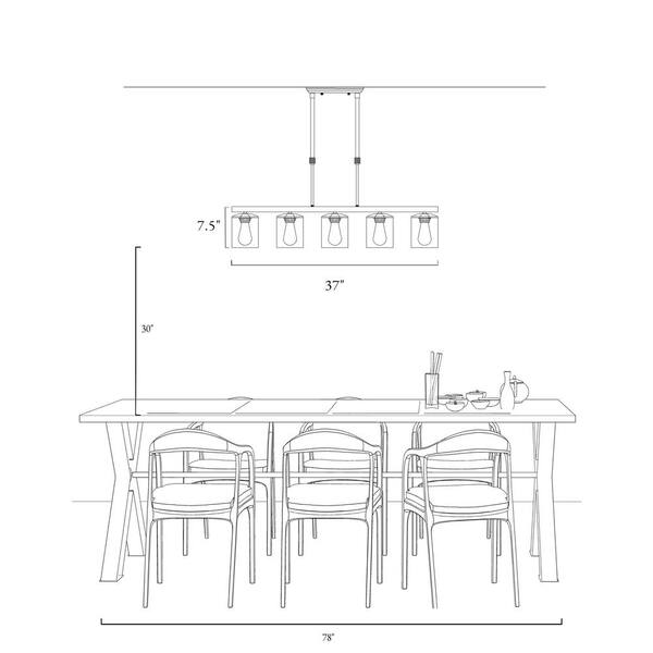 Modern 5-Light 37 in. Matte Black Linear Island Chandelier with Clear Glass Shades, Kitchen Hanging Pendant Light