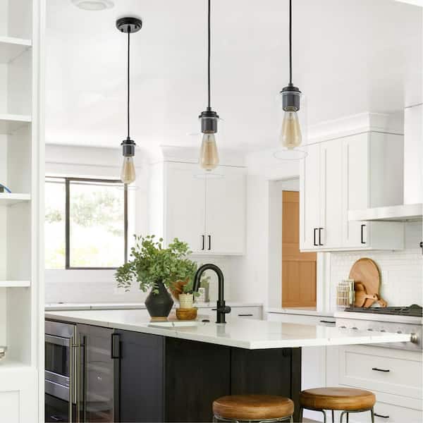 1-Light Black Island Pendant Light with Cylinder Clear Glass(3-Pack)