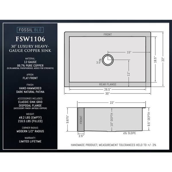 Luxury Dark Patina 12-Gauge Copper 30 in. Single Bowl Farmhouse Apron Kitchen Sink with Accs and Flat Front