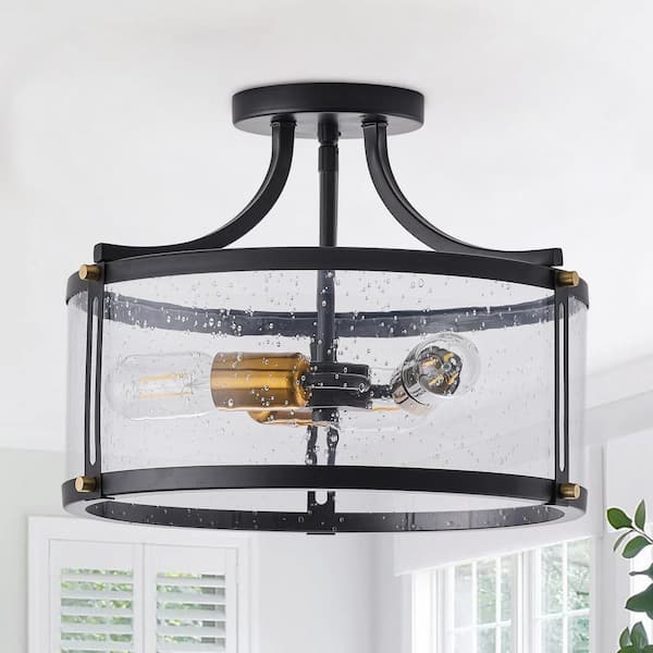 15.7in. 3-Light Industrial Black Semi-Flush Mount Ceiling Light with Seeded Glass Shade