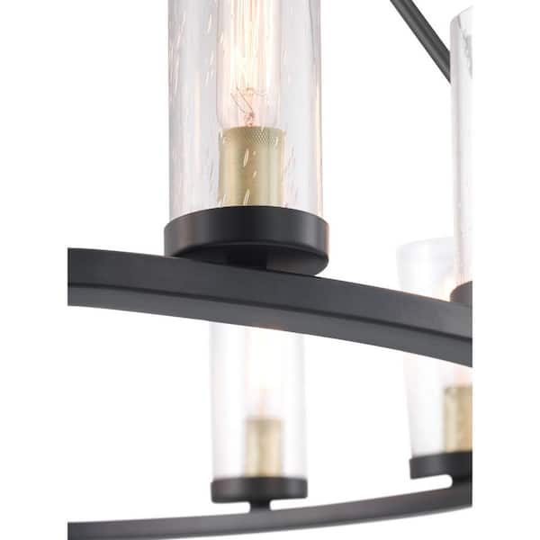 Hartwell 32-5/8 in. 15-Light Bronze Farmhouse Wagon Wheel Chandelier with Brass Accents & Clear Seeded Glass