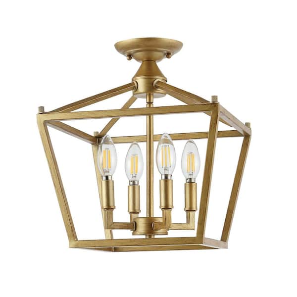 Plains Mini Lantern 12 in. 4-Light Brass Gold Iron Modern Farmhouse LED Flush Mount,