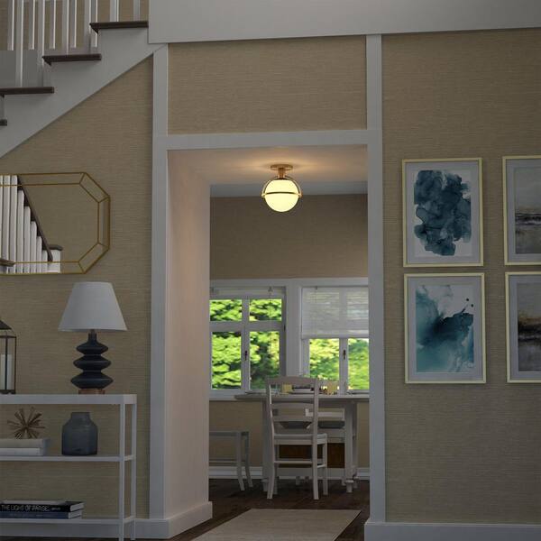 Cieonna 9.25 in. 1-Light Antique Brass and White Semi Flush Mount with Glass Shade