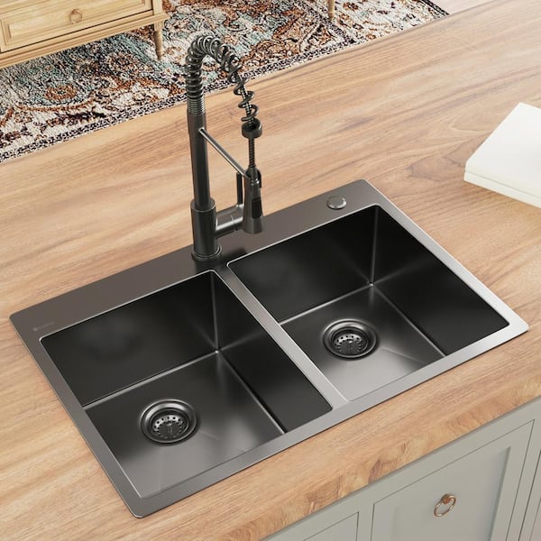 33 in. Gunmetal Black Stainless Steel Double Bowl Dual Mount Kitchen Sink