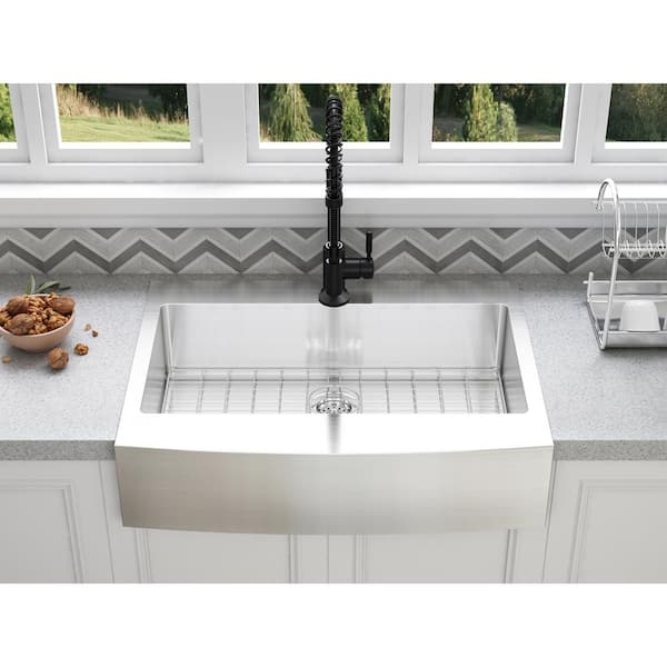 Brimley Retrofit Dual Mount Stainless Steel 33 in. 1-Hole Single Bowl Curved Farmhouse Apron Front Kitchen Sink