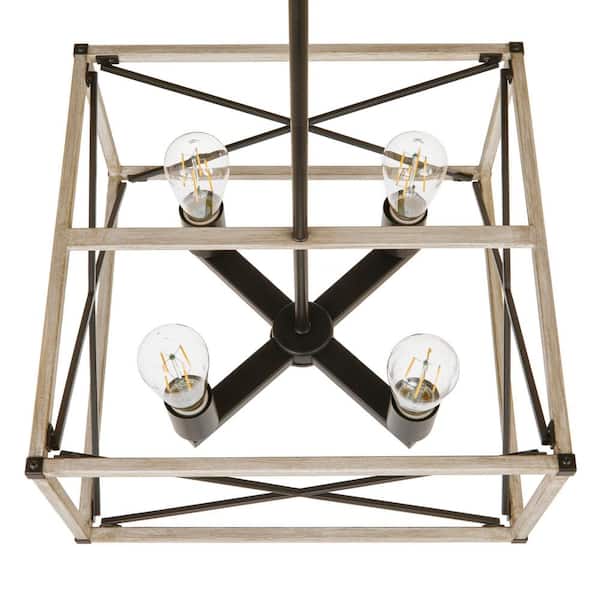 Madison Landing 4-Light Caged Matte Black Rectangular Pendant Hanging Light with Washed White Farmhouse Wood Accents