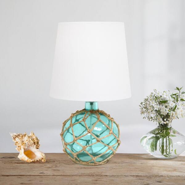 15.25 in. 1-Light Aqua Buoy Rope Nautical Netted Coastal Ocean Sea Glass Table Lamp with White Fabric Shade