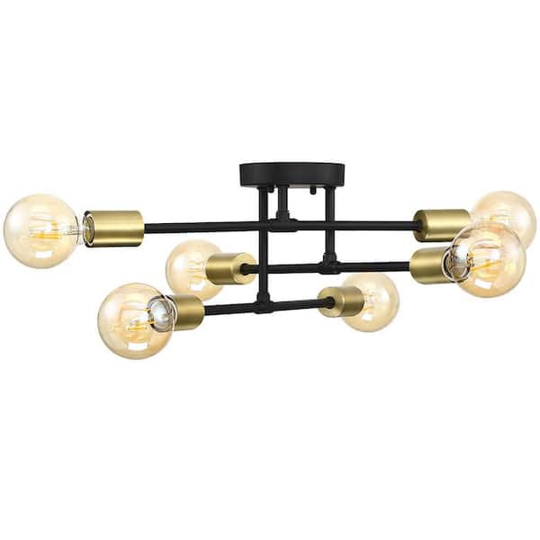Trident 25.5 in. 6-Light Black and Gold Sputnik Semi Flush Mount Ceiling Light