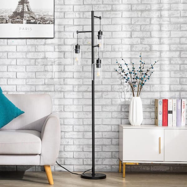 65 in. Black Industrial Floor Lamp with Hanging Glass Shades 3-Light