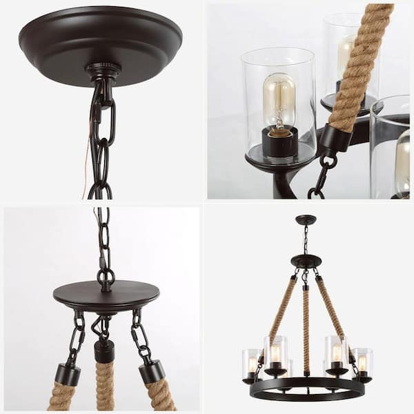 Farmhouse 6-Light Dark Brown Wagon Wheel Island Rustic Chandelier with Cylinder Clear Glass Shades and Natural Ropes