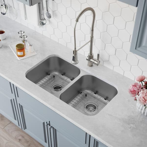 Premier Undermount Stainless Steel 32 in. 50/50 Double Bowl Kitchen Sink