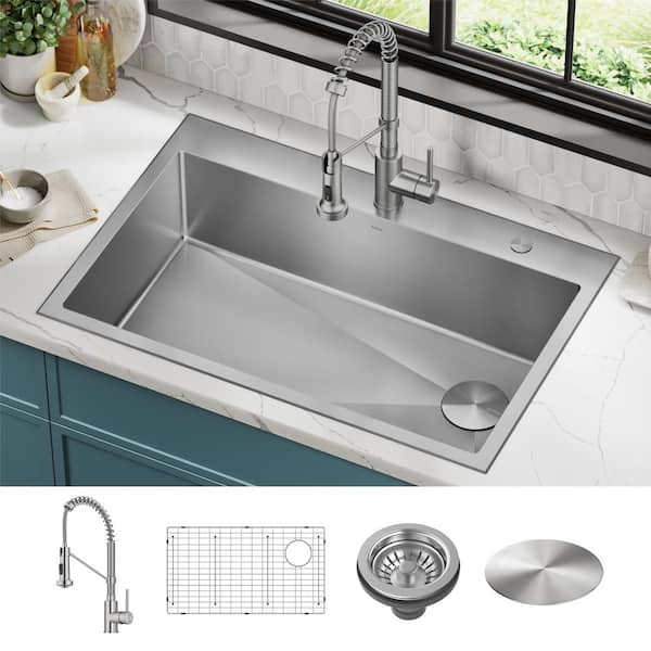 Loften Stainless Steel 33 in. Single Bowl Drop-In/Undermount Kitchen Sink with Pull Down Faucet in Spot Free Stainless