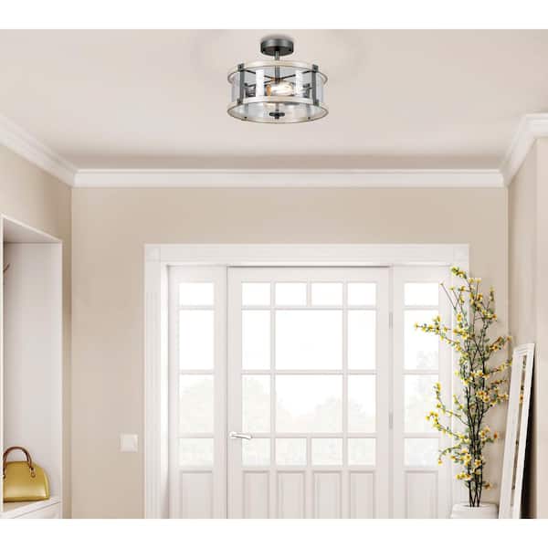Richland 2-Light Grey Wood Semi Flush Mount Clear Seedy Glass