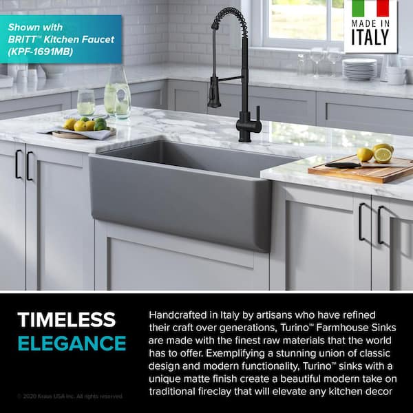 Turino Matte Gray Fireclay 33 in. Single Bowl Farmhouse Apron Kitchen Sink