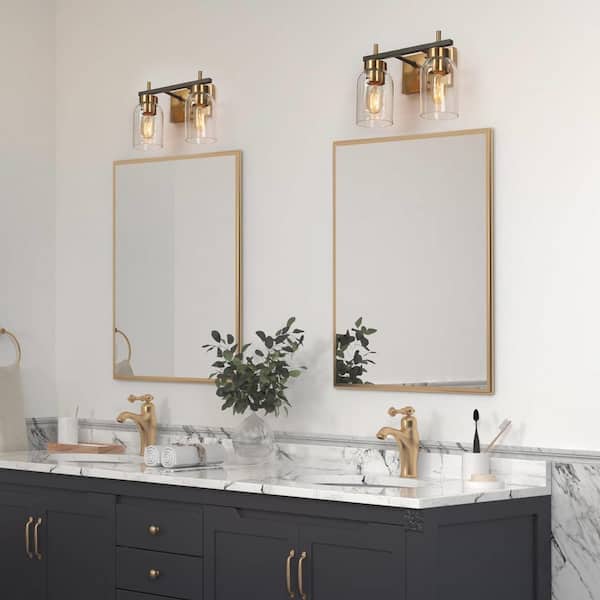 12 in. Modern 2-Light Brass Gold Bathroom Vanity Light, Black Bath Lighting with Cylinder Clear Glass Shades
