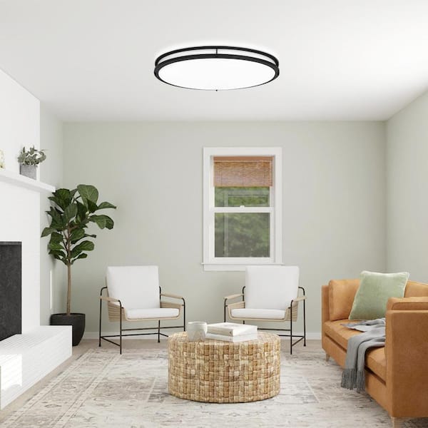 32 in. 65-Watt Oval Matte Black Integrated LED Flush Mount Ceiling Light with Remote