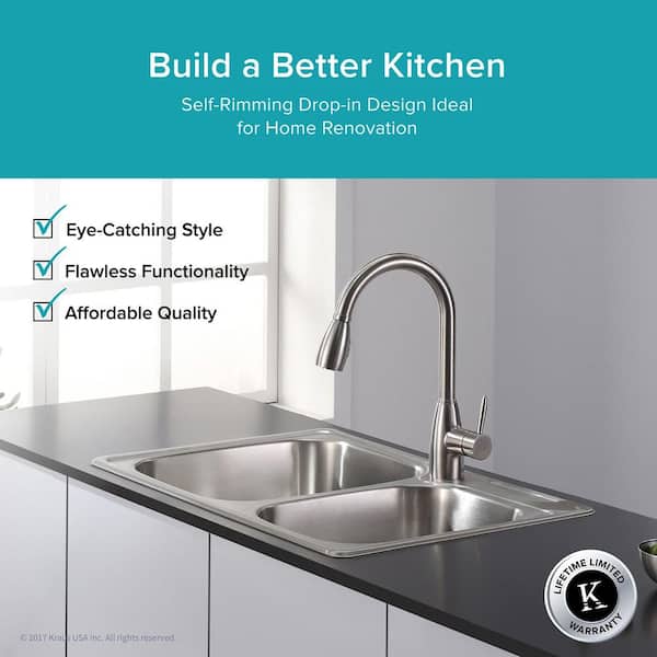 Drop-In Stainless Steel 33 in. 1-Hole 60/40 Double Bowl Kitchen Sink Kit