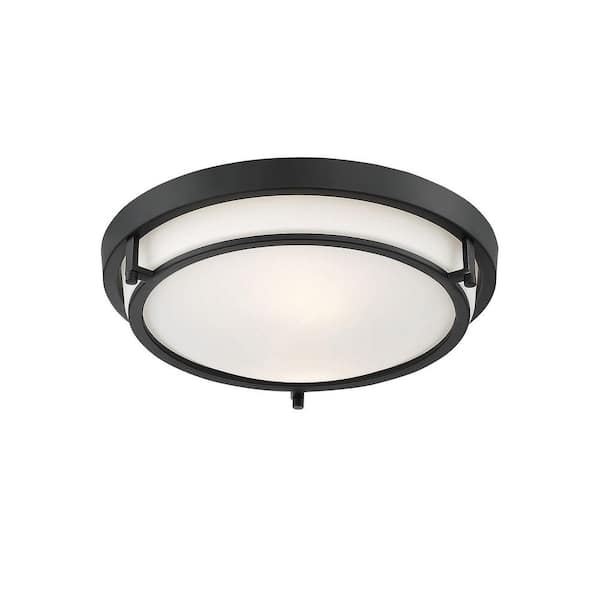 Meridian 13 in. W x 4 in. H 2-Light Semi-Flush Mount with Matte Black Metal Ring and White Glass Shade