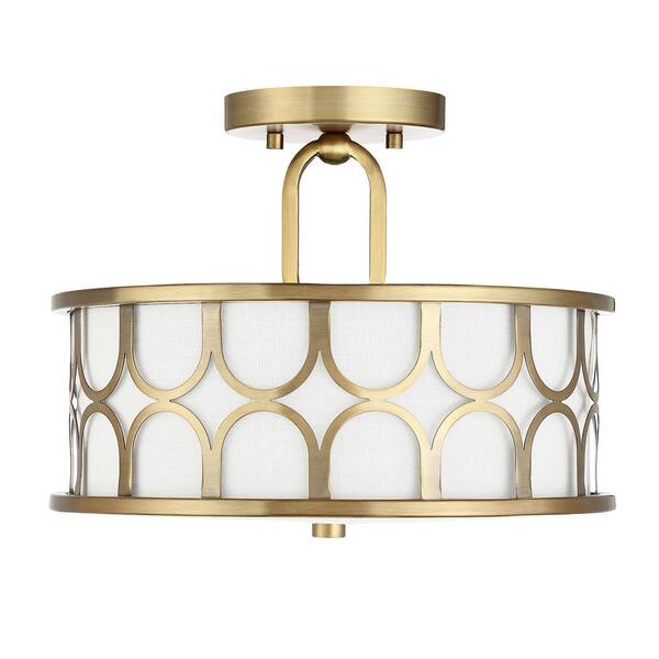 Meridian 13 in. W x 10 in. H 2-Light Natural Brass Semi-Flush Mount with White Fabric Shade and Geometric Metal Frame