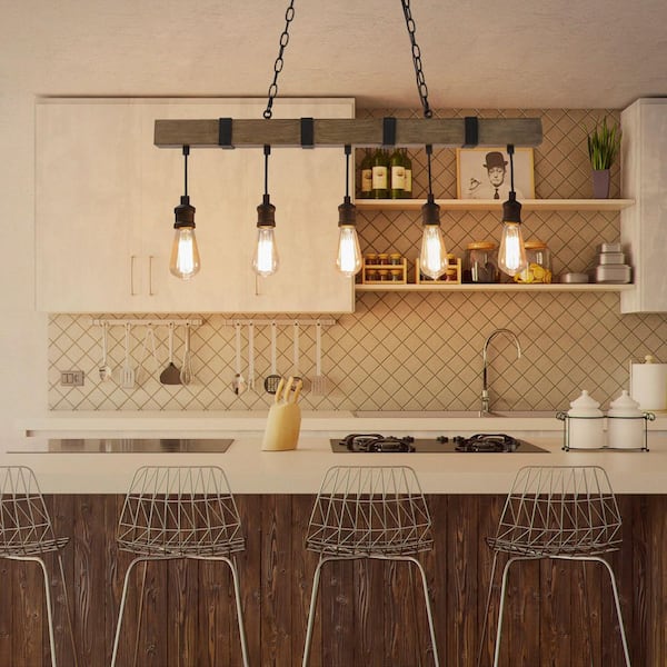 Wood Beam Chandelier 35.5 in. 5-Light Brown Linear Farmhouse Chandelier Island Pendant Light with Wood Accents