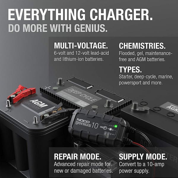 GENIUS10, 10-Amp Fully-Automatic Smart Charger, 6V & 12V Battery Charger & Battery Maintainer