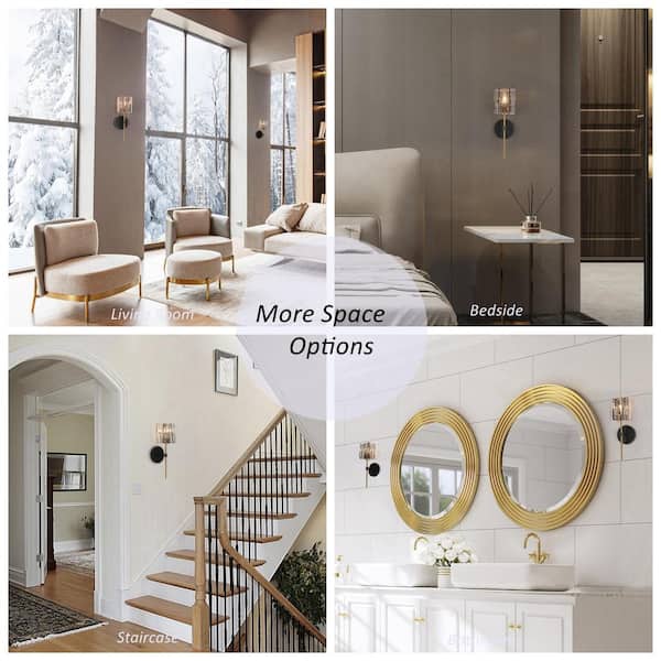 Echonalyri Modern 1-Light Glam Matte Black and Plating Brass Wall Sconce with Geometric Textured Glass Shade