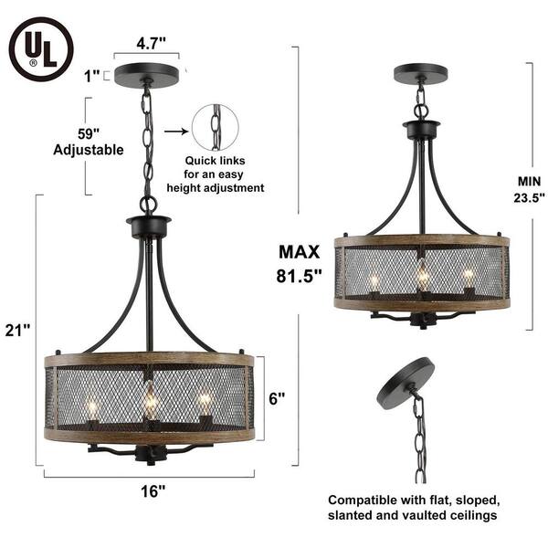Black Drum Chandelier 4-Light Candlestick Dark Brown Farmhouse Round Pendant with Open Cage Frame and Wood Accent