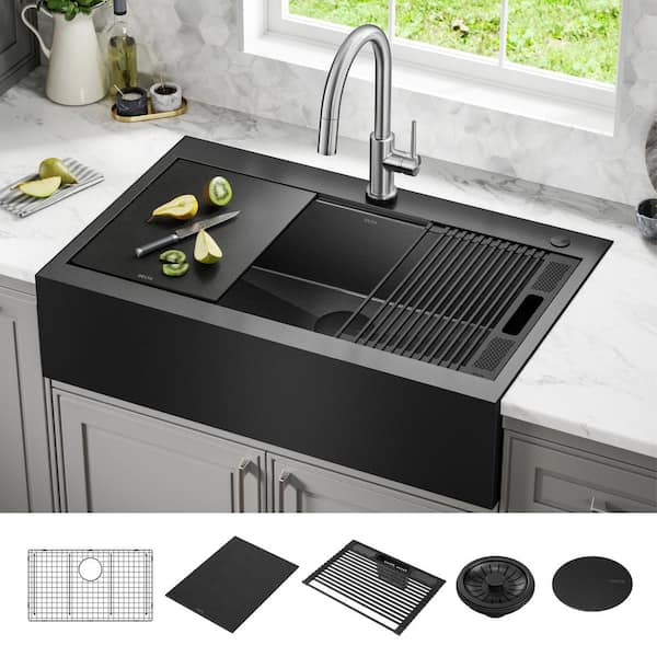 Rivet 16 Gauge Black Stainless Steel 36 in Single Bowl Farmhouse Apron Workstation Kitchen Sink in PVD Gunmetal Finish