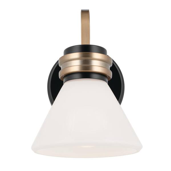 Farum 9.5 in. 1-Light Black with Champagne Bronze Bathroom Wall Sconce Light with Opal Glass Shade