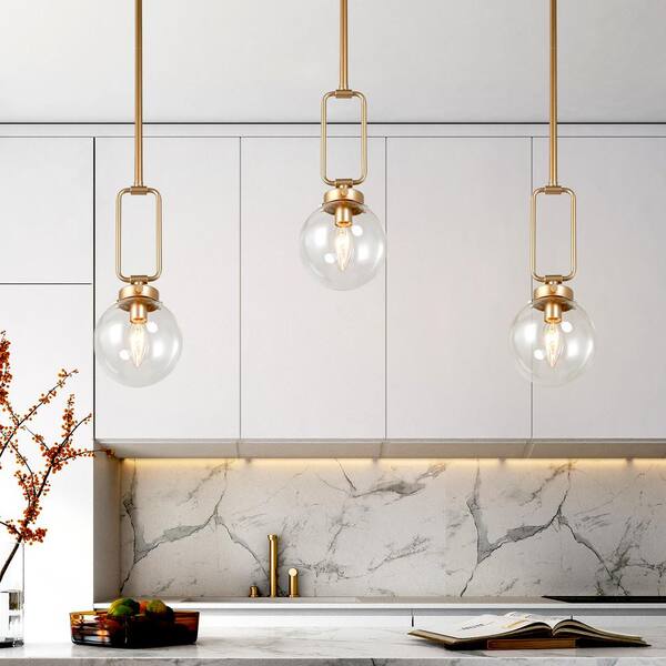 Modern Globe Island Pendant Light Naomi 1-Light Brass Gold Round Chandelier Pendant Light with Clear Glass Shade