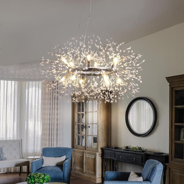 Calzada Decor 12-Light Chrome Dandelion Firework Chandelier, Round Pendant Ceiling Lighting