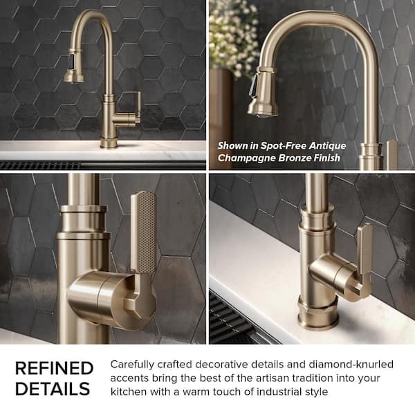 Allyn Transitional Industrial Pull-Down Single Handle Kitchen Faucet in Spot-Free Antique Champagne Bronze