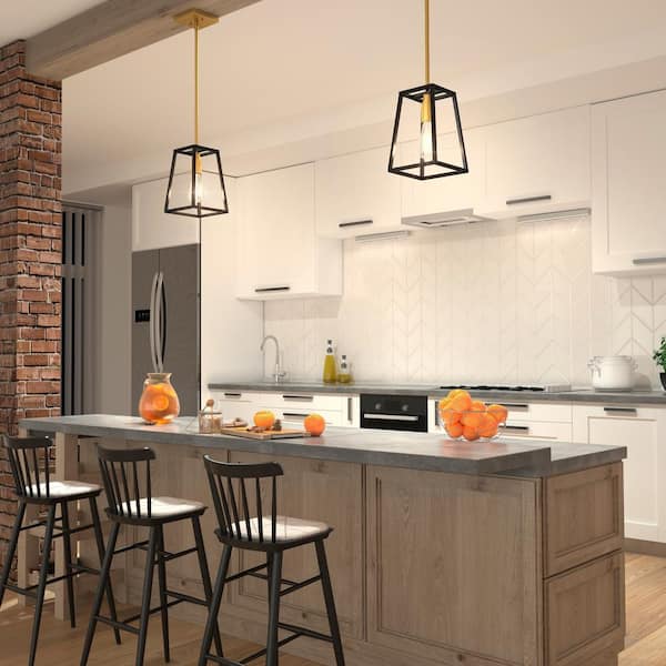 Carter 40-Watt 1 Light Black and Gold Modern Industrial Cage Mini Pendant Light Fixture for Kitchen Island