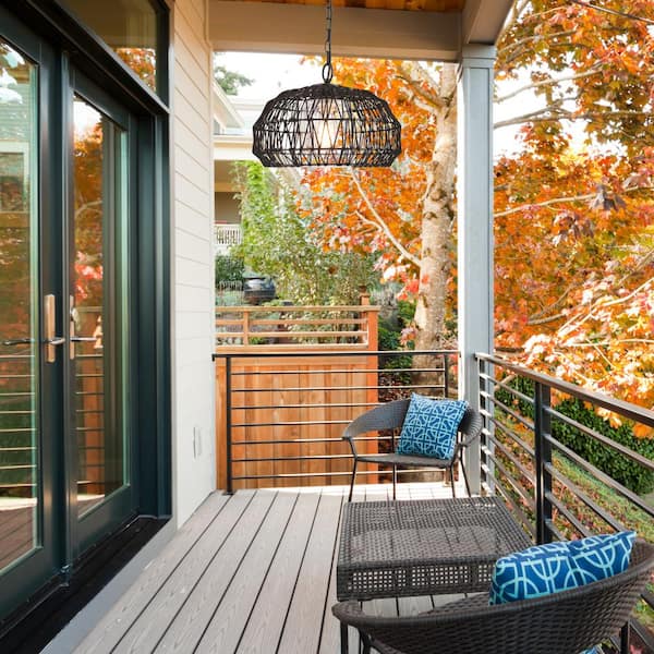 Diego 1-Light Matte Black Outdoor Indoor Plug-In Pendant Light with Woven Fabric Shade and Designer Black Fabric Cord