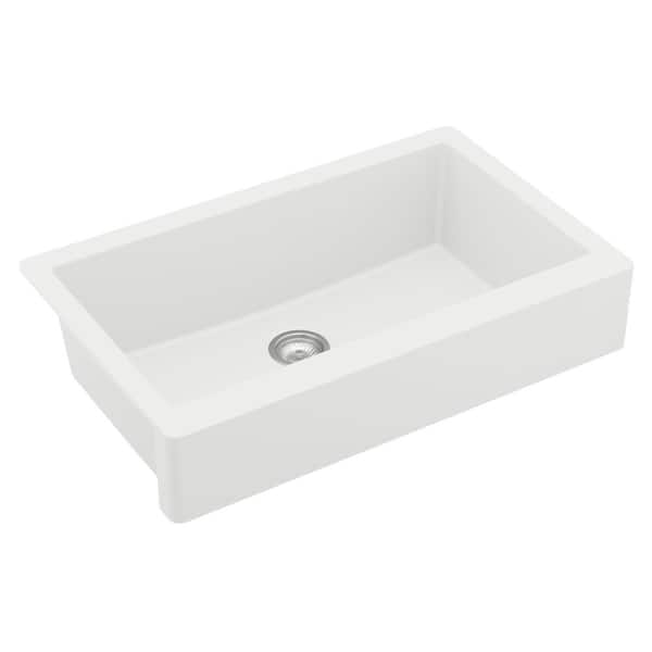 QAR-740 Quartz/Granite 34 in. Single Bowl Retrofit Farmhouse/Apron Front Kitchen Sink in White with Grid and Strainer