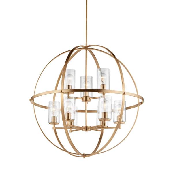 Alturas 9-Light Satin Brass Modern Hanging Globe Chandelier with Clear Seeded Glass Shades