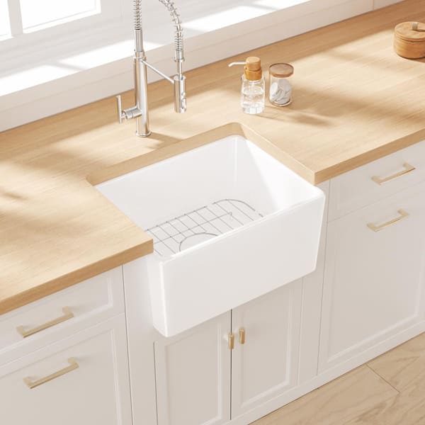 Denbigh Crisp White Ceramic 21 in. Single Bowl Farmhouse Apron Kitchen Sink with Bottom Grid and Pop-up Drain