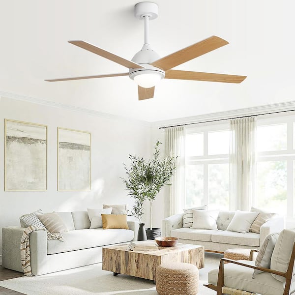 52 in. Indoor/Outdoor 5-Blades Downrod White Ceiling Fan with LED-Lights and Wall Control-Morden, Farmhouse