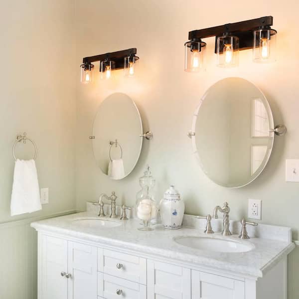 Farmhouse 3-Light Walnut and Black Vanity Lights Wall Sconce