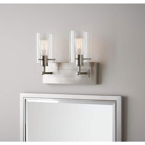 Regan 12.75 in. 2-Light Brushed Nickel Vanity Light with Clear Glass Shades