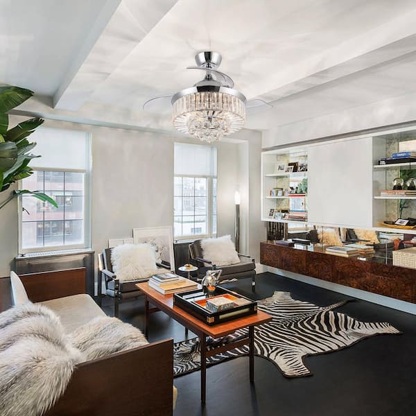 Broxburne 36 in. Modern Chrome Retractable 3-Blade Crystal Ceiling Fan with Light Kit and Remote Control