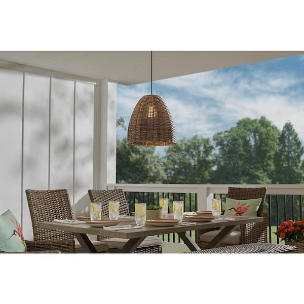 Olney 1-Light Black Outdoor Pendant Light with Brown Resin Wicker Shade